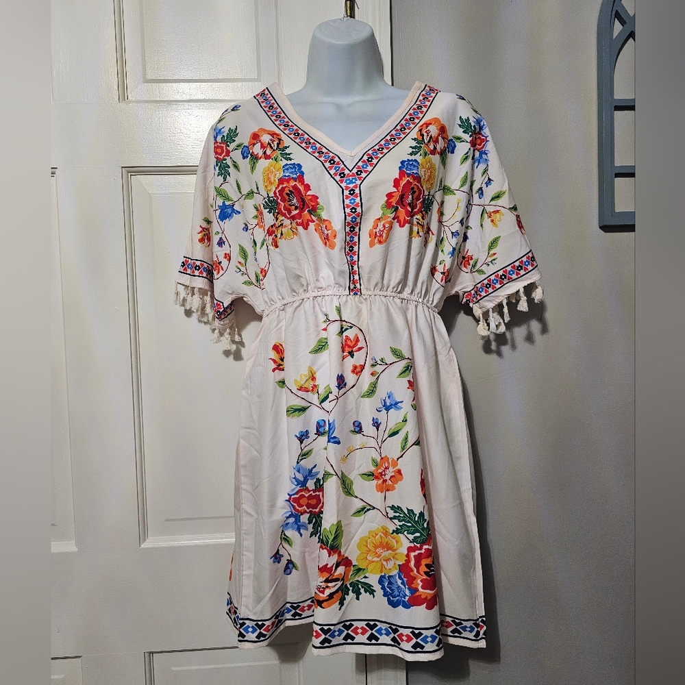 SHEIN Floral Embroidered Dress with Tassels